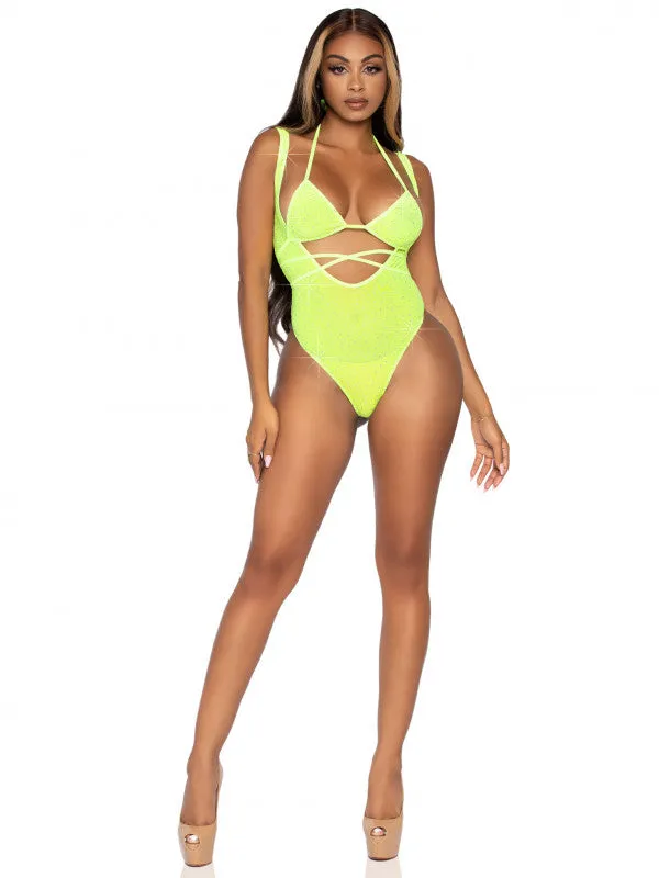 Teddies And Bodies | Leg Avenue 2 Pc. Rhinestone Wrap Around Bikini Top and Suspender Body Suit - One Size - Neon Yellow